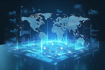 Global digital network technology connecting the world with glowing blue lines and a futuristic data visualization overlay