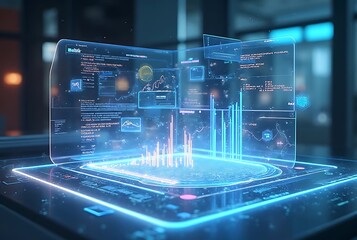 Futuristic holographic interface displaying complex data streams and charts in a modern digital environment