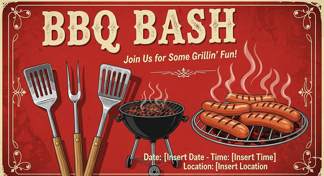 Retro bbq bash invitation poster with grilling tools