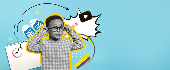 A young boy adjusts his glasses while surrounded by colorful elements representing digital learning.