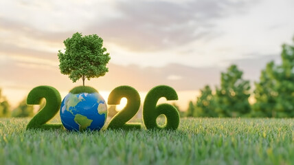 A Vision for the Future: The year 2026 blooms with promise as a verdant planet sprouts a thriving tree, symbolizing hope and growth in the face of nature's embrace.
