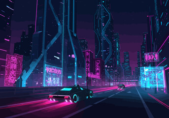 Cyberpunk Cityscape with Futuristic Cars and Neon Lights.