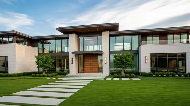 A modern home with large windows, wood door, stone facade, & a lush green lawn. A path of concrete slabs leads to the entrance