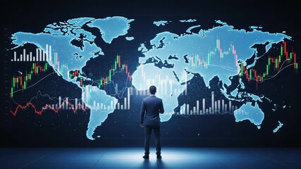 Businessman looking at a glowing world map with stock market charts and graphs, symbolizing global finance and economic trends - Powered by Adobe