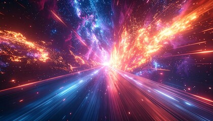 A perspective view of intense light streaking through a vibrant cosmic tunnel. Colored nebulae swirl around the central axis