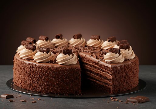 A decadent multi-layered chocolate cake adorned with swirls of whipped cream and chocolate shavings, with one slice removed.