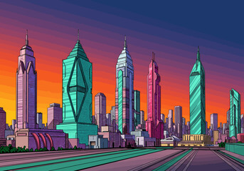 Colorful Cityscape Illustration with Modern Architecture and Vibrant Sky.