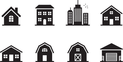 Collection of Eco Friendly Residential and Commercial Property Building Icons Representing Diverse Architectural Styles for Sustainable Living and Urban Development