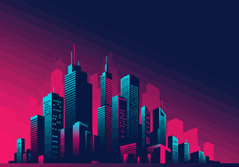 Vibrant Cityscape Silhouette with Neon Pink and Blue Hues.