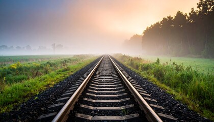 A perspective view of railway tracks disappearing into a misty horizon at sunrise. Fields flank the tracks, bordered by a treeline