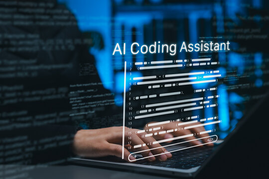 AI coding assistant helping developer write code on laptop with virtual interface, symbolizing artificial intelligence in programming, automation and software development support. AI coding agents,
