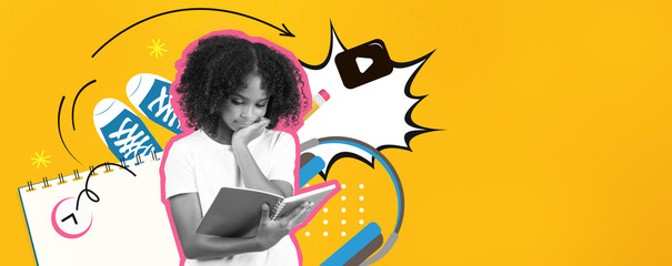 A young girl with curly hair focuses on reading a notebook, surrounded by playful graphics like sneakers and sound icons. The colorful background adds energy to the scene, highlighting creativity.