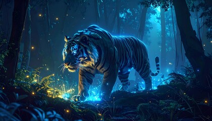 A majestic feline, bathed in ethereal blue light, emerges from a lush, dark forest filled with glowing particles