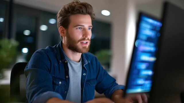 A male IT expert interacts with a digital AI neural network on a monitor using a generic interface his desk cluttered with code printouts a futuristic UI glowing AI neural net