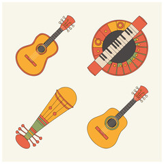 A set of flat vector illustrations of classic and ethnic musical instruments.
