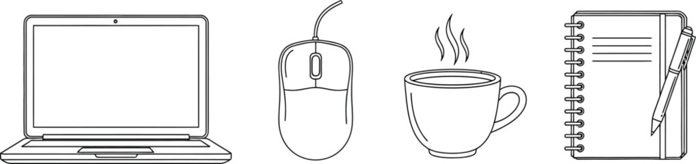 Obraz premium Collection of essential desk items, including a laptop, mouse, coffee cup, and notebook for productivity and comfort