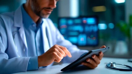 A modern doctor uses virtual tools for diagnostics on a generic telehealth interface (no branded UI no real patient data) analyzing patient data on a tablet a stethoscope nearby - Powered by Adobe
