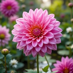 Fototapeta premium vibrant pink dahlia flower blooming among green leaves garden close up