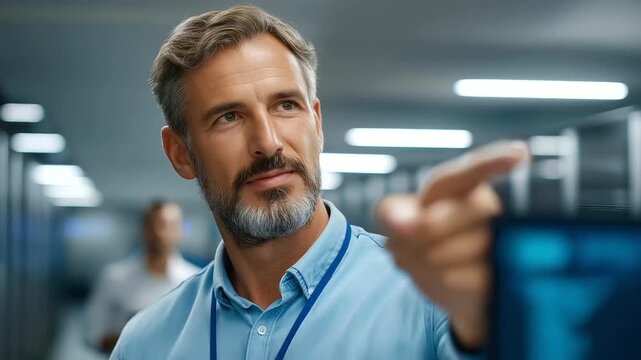 A manager in a high tech data center leads a team meeting delegating tasks to technicians pointing at a screen with AI supercomputer diagnostics on a generic interface server