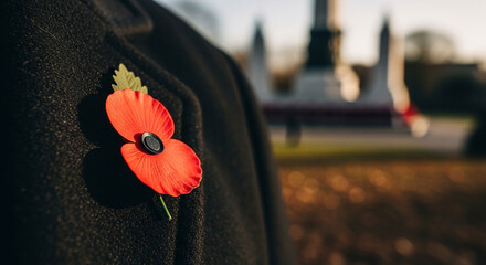 Closeup of a poppy on a coat lapel for remembrance day commemoration