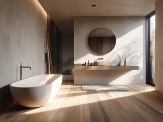 Fototapeta premium A bathroom with a white bathtub and a mirror