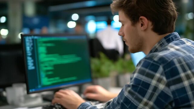 A senior programmer in a tech startup hunches over an green screen PC coding AI systems on a generic interface the monitor glowing with neural network visuals server hum
