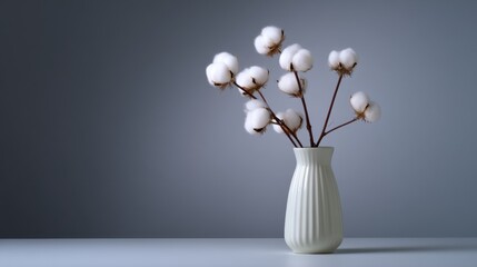 White vase with a bunch of cotton flowers in it. the vase is made of ceramic and has a ribbed texture. the flowers are white and fluffy, and they are arranged in a bunch with thin stems.