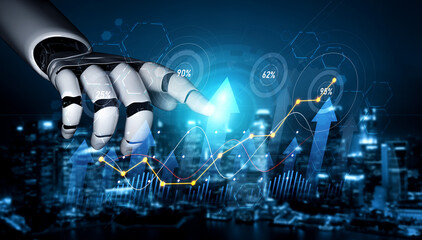 A robotic hand engages with dynamic graphs, symbolizing the fusion of technology and business in a modern city environment focused on data growth and analytics. Scalp