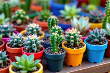 Adorable miniature cacti thrive in vibrant, colorful pots. A delightful collection of succulents in cheerful containers, spring, cheerful, happy