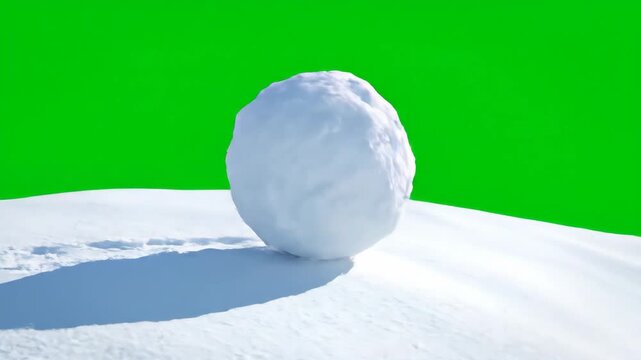 Snowball Effect on Green Screen - A large snowball rolls across a snow-covered surface. The background is a vibrant green screen, making it ideal for compositing.