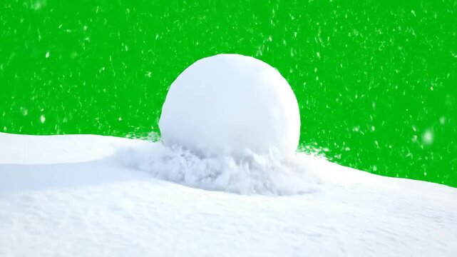 Snowball rolling down a snowy hill with green screen background - A large snowball rests on a snowy surface, with a green screen background that allows for compositing into other scenes.