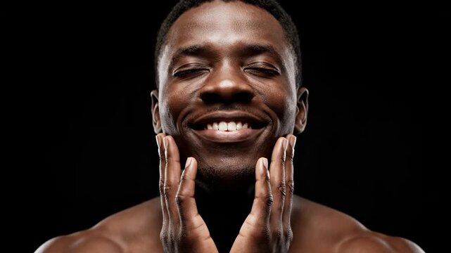 A man with dark skin smiles with closed eyes, hands on his cheeks, showcasing healthy and radiant skin vector illustration