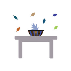 wooden table with empty wicker basket and drifting