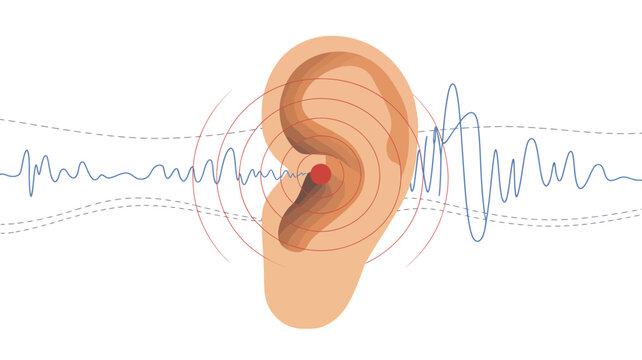 Human ear with sound waves and audio waveform illustration