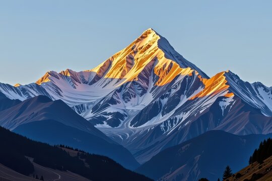 Golden sunrise paints the majestic Himalayan peak, snow-capped ridges bathed in ethereal light, a breathtaking vista of untouched nature, spectacular, awesome, tranquil