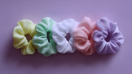 Five scrunchy hair ties arranged in a row on a purple background. the scrunchies are made of a soft fabric and come in different colors - yellow, green, white, pink, and purple.