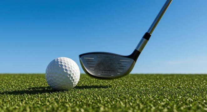 Golf club striking a golf ball on a lush green course under a clear blue sky, a perfect day for a game