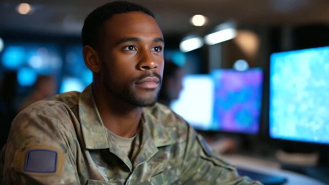 An army software engineer in a command post codes AI brain systems on generic consoles; uniform features generic non identifiable patches coordinating defense operations