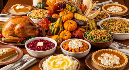 Overhead view of a thanksgiving dinner table with a variety of dishes