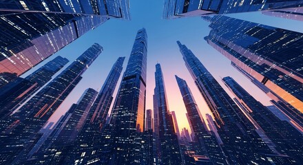 Low angle view of futuristic city skyscrapers at dusk with dramatic lighting