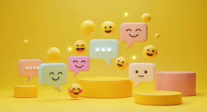 Emoji chat bubbles float over pedestals against bright yellow background
