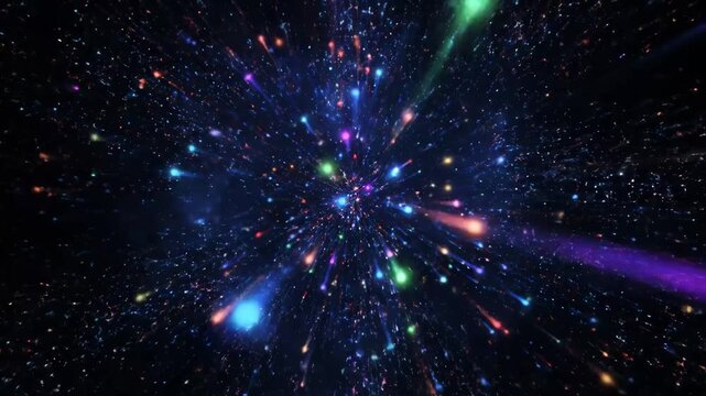 Vibrant Abstract Explosion of Light Particles - A vibrant, abstract video showing an explosion of multicolored lights and particles.