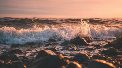 gentle waves hitting rocky shore at sunrise, warm soft lighting, cinematic depth, peaceful and emotional classical music ambiance