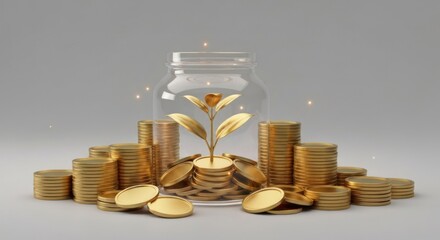 Glass jar with gold coins and a plant sprout, surrounded by coin stacks