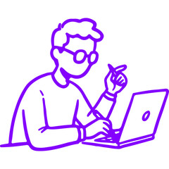 Handraw Line Art of Person Using Laptop