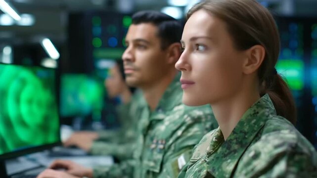 Army experts in a server room deploy AI on a green screen PC for defense modernization using generic tactical dashboards; uniforms display generic non identifiable patches