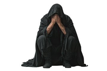 Cloaked figure crouches, face hidden, distressed