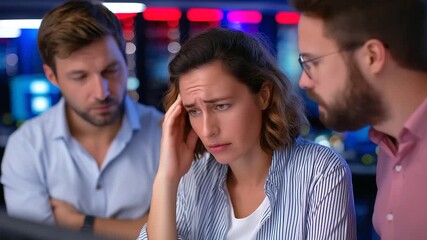 Employees in a data center scold an engineer after an AI system error on a generic alert panel pointing at a screen with glitch alerts server racks flashing red AI system error - Powered by Adobe