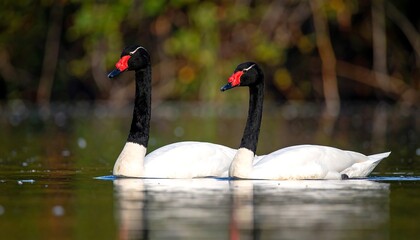Two elegant black-necked swans floating serenely on a calm, reflective pond