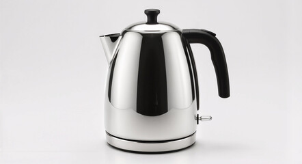 A sleek stainless steel electric kettle on a white surface, suitable for modern kitchen product shots, appliance reviews, and contemporary home decor themes.